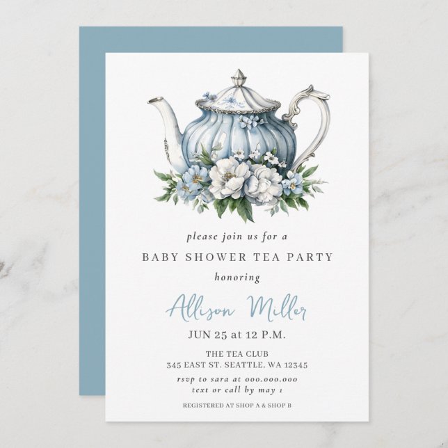 Blommigt Blue Tea Party Boy Shower Inbjudningar (Fram/baksida)