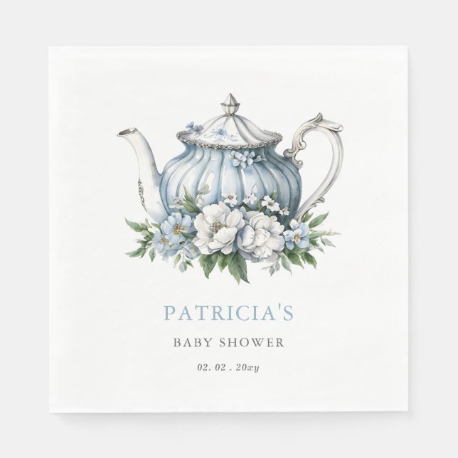Blommigt Blue Tea Party Boy Shower Pappersservett (Framsidan)
