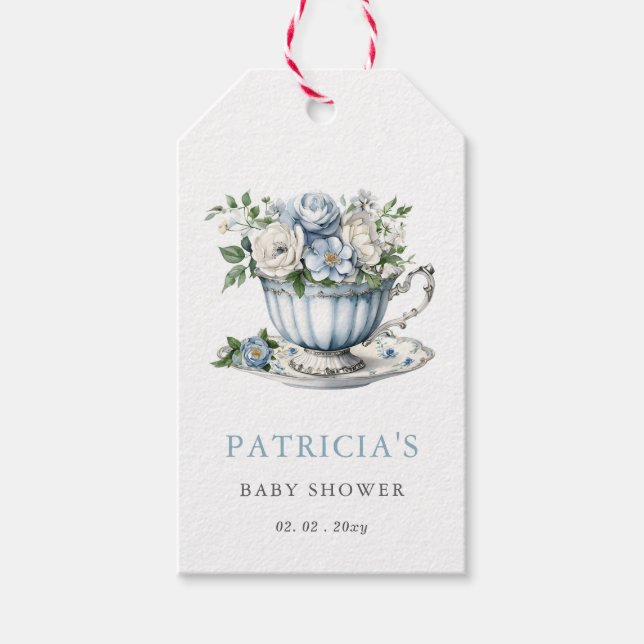Blommigt Blue Tea Party Boy Shower Presentetikett (Framsidan)