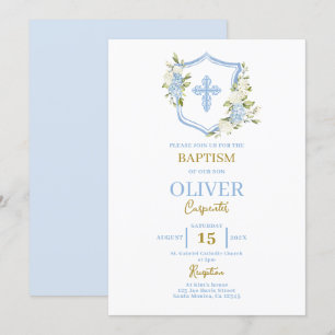 Blommigt Blue Vapensköld Baptism Inbjudningar