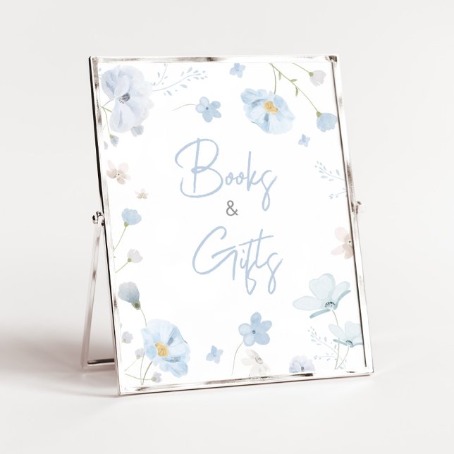 Blommigt Blue Vår Baby i Bloom Bokar och Gåvor Poster (Blue Spring Floral Baby in Bloom Baby Shower Books and Gifts Sign)