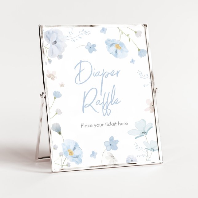 Blommigt Blue Vår Baby i Bloom Diaper Raffle Poster (Blue Spring Floral Baby in Bloom Baby Shower Diaper Raffle Sign)