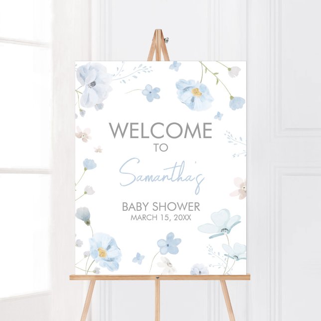 Blommigt Blue Vår Baby i Bloom Välkommen Poster (Blue Spring Floral Baby in Bloom Baby Shower Welcome Sign)