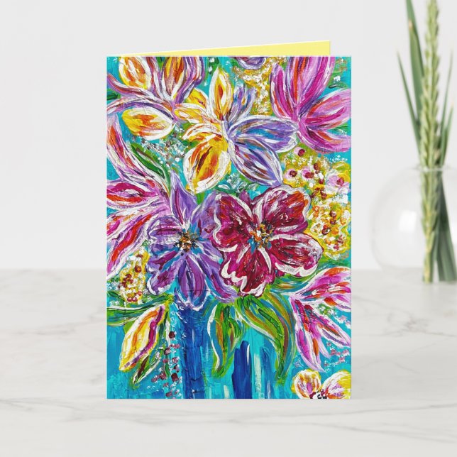 Blommigt "Blue Vas"-mappat gratulationskort Kort (Framsida)