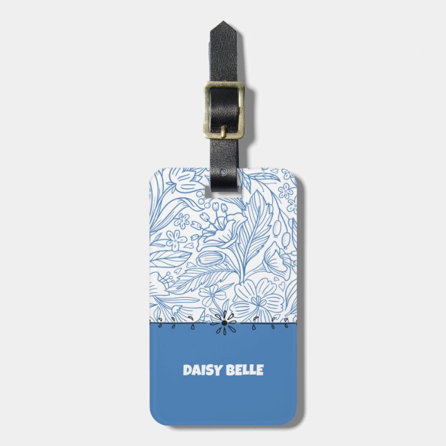 Blommigt Blue & White Luggage Tag Bagagebricka (Vertikal Framsida)