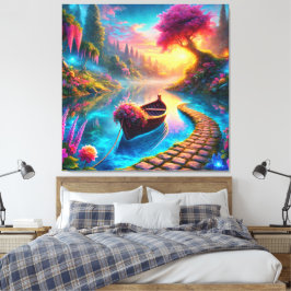 Blommigt Boat på Serene Vatten Fantasy Canvastryck