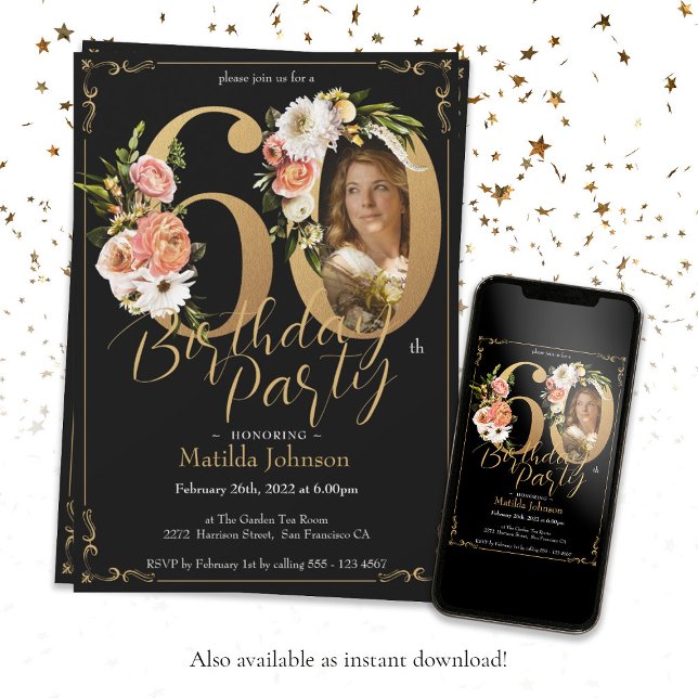 Blommigt Boho Anpassningsbar Photo Black Guld 60:e Inbjudningar (Black Gold 60th Birthday Floral Boho Custom Photo Invitation)
