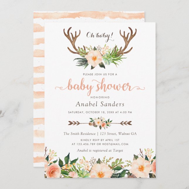 Blommigt Boho Antler Cactus Succulents Baby Shower Inbjudningar (Fram/baksida)