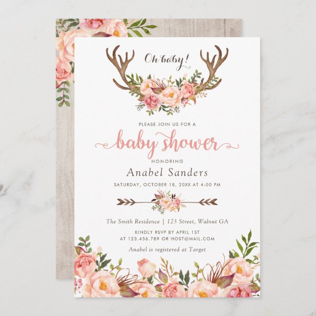 Blommigt Boho Antler  Chic Arrows Baby Shower Inbjudningar (Fram/baksida)