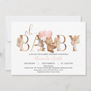 Blommigt Boho Bear Balloons Ord Baby Shower Inbjudningar
