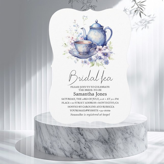 Blommigt Boho Blue Tea Pot Party Möhippa Inbjudningar (Skapare uppladdad)