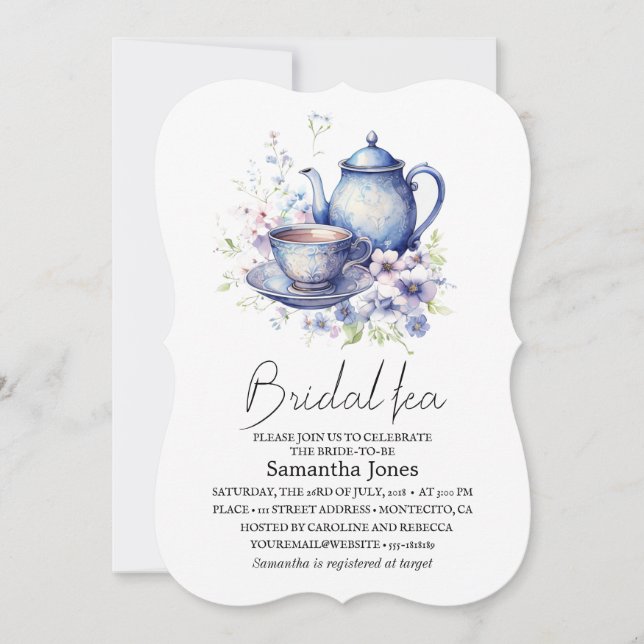 Blommigt Boho Blue Tea Pot Party Möhippa Inbjudningar (Framsida)