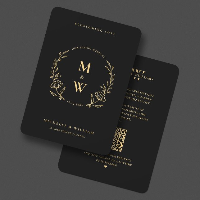 Blommigt Boho Bröllop Monogram Elegant Black Guld Inbjudningar (Floral Boho Wedding Monogram Elegant Black Gold Invitation
)