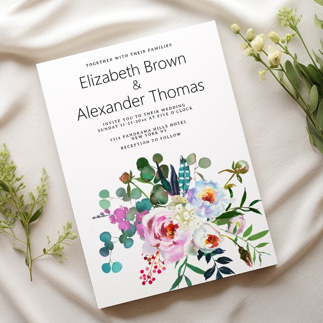 Blommigt boho bröllop rosa grönt  inbjudningar (White pink teal green peony floral boho wedding)