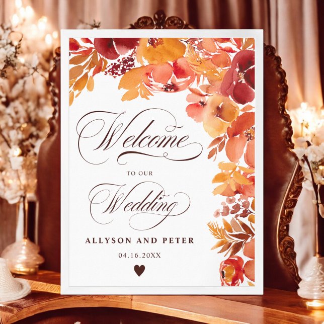 Blommigt boho bröllop välkomnar Fall, strålmålad Poster (Fall rustic painted floral boho wedding welcome poster)