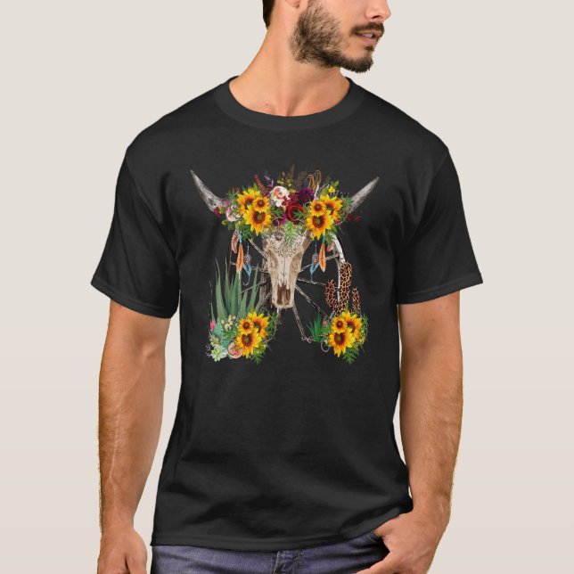 Blommigt Boho Bull Skull Leopard Desert Cactus Wes T Shirt (Framsida)