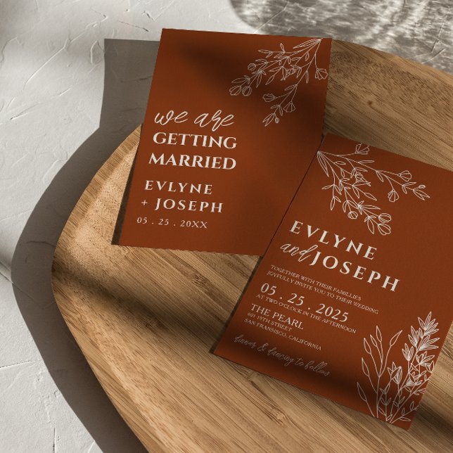 Blommigt Boho Burnt Orange Terracotta Chic Bröllop Inbjudningar (Skapare uppladdad)