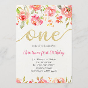 Blommigt Boho Calligraphy Flicka första födelsedag Inbjudningar