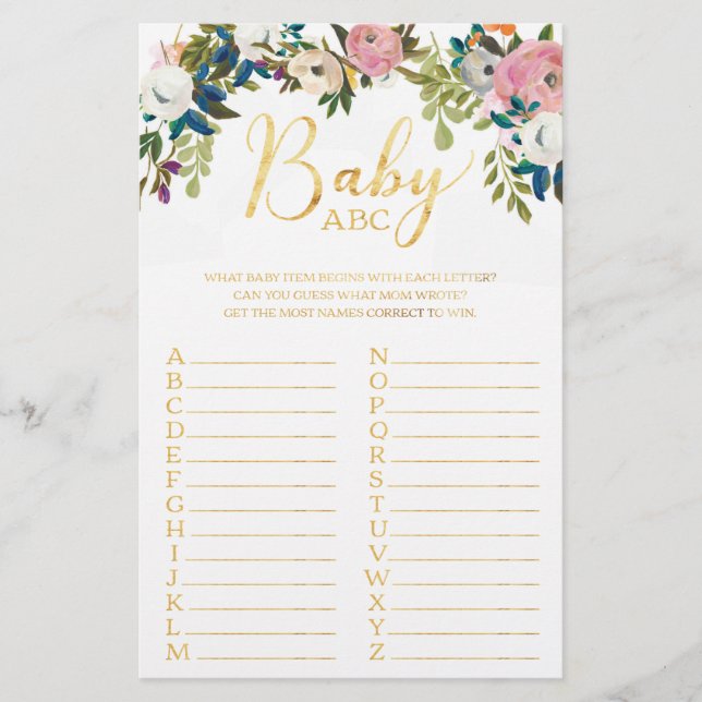 Blommigt Boho Chic Baby Shower ABC-spel (Framsida)