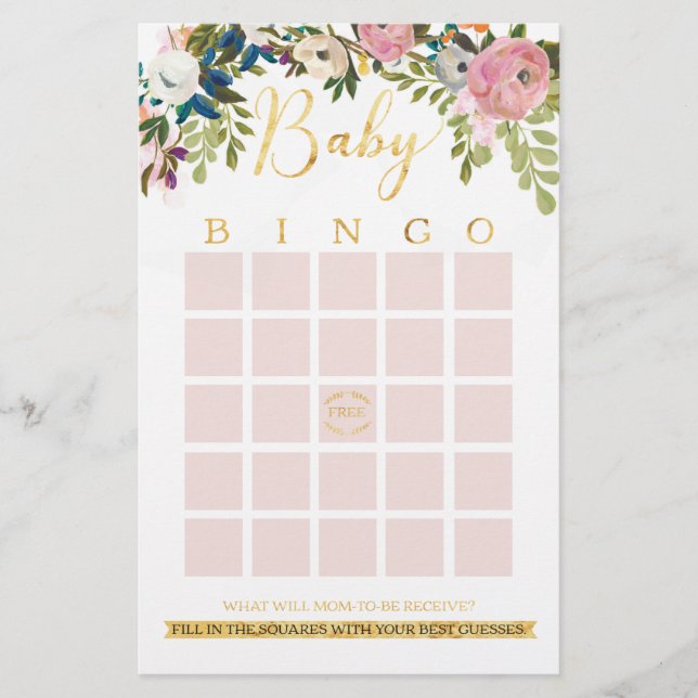 Blommigt Boho Chic Baby Shower Bingo Game (Framsida)