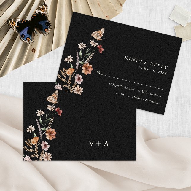 Blommigt Boho Chic Bröllop OSA Kort (Black Floral Boho Chic Wedding RSVP Card Monogrammed by Painted Paperie
)