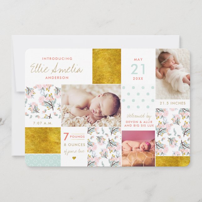 Blommigt Boho Collage Guld Birth Notification Card Meddelande (Framsida)