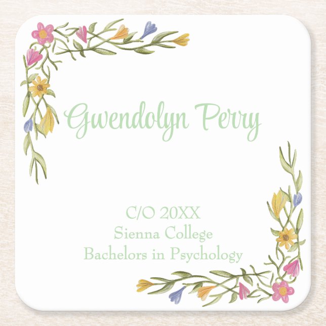 Blommigt Boho College Graduation Party Underlägg Papper Kvadrat (Framsidan)