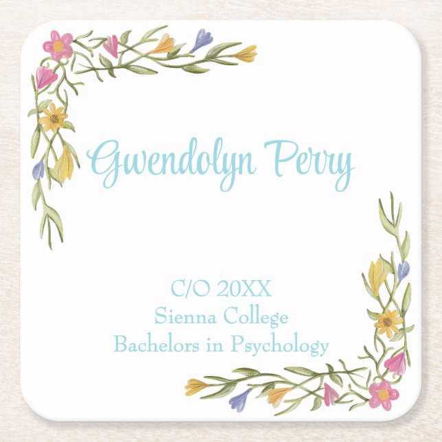 Blommigt Boho College Graduation Party Underlägg Papper Kvadrat (Framsidan)