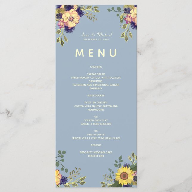 Blommigt Boho Dusty Blue Bröllop Menu Meny (Framsida)