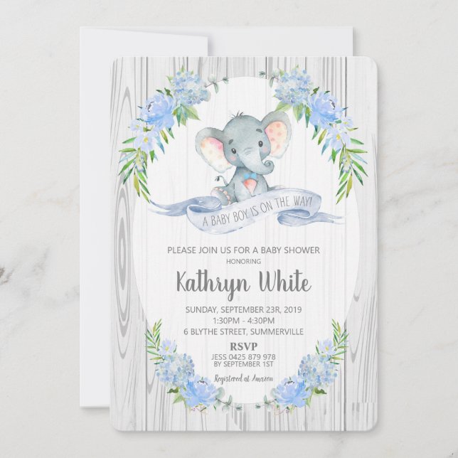 Blommigt Boho Elephant Baby Shower Boy Inbjudningar (Framsida)