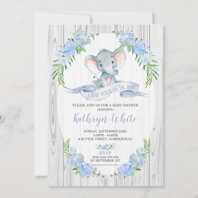 Blommigt Boho Elephant Baby Shower Boy Inbjudningar (Framsida)