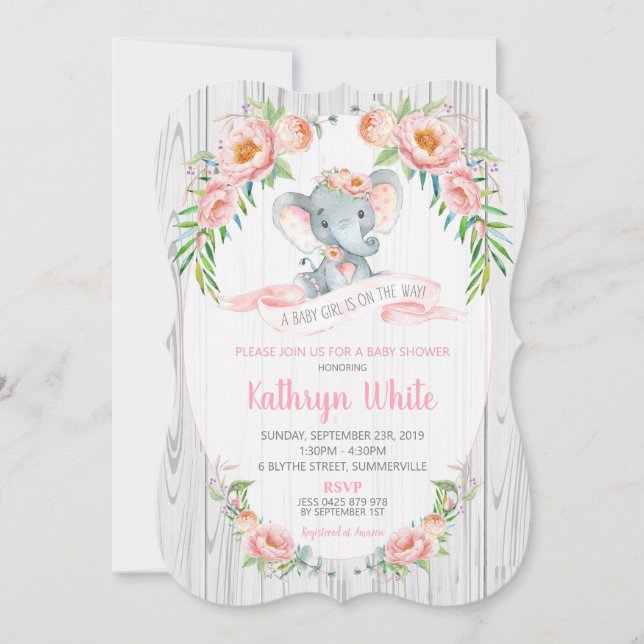 Blommigt Boho Elephant Baby Shower Girl Girl Inbjudningar (Framsida)
