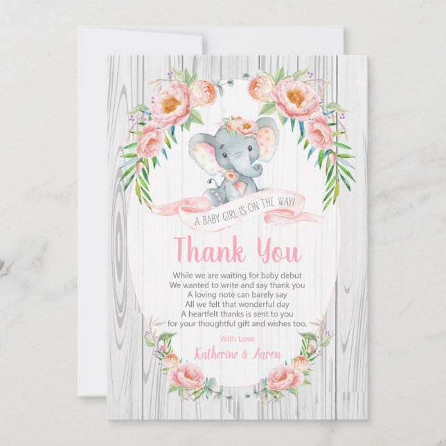 Blommigt Boho Elephant Baby Shower - tack för ditt Inbjudningar (Framsida)
