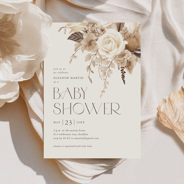 Blommigt Boho Gender Neutral Baby Shower Inbjudningar (Elegant typography floral boho gender neutral baby shower invitations.)