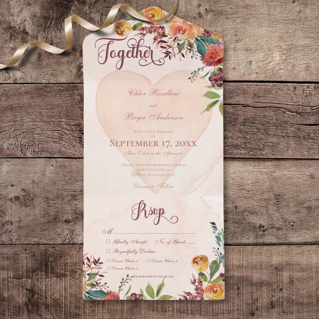 Blommigt Boho Heart Peach Jewel Dinner (Floral Boho Heart Peach Jewel All In One Wedding Invitation with Dinner Selection Options)