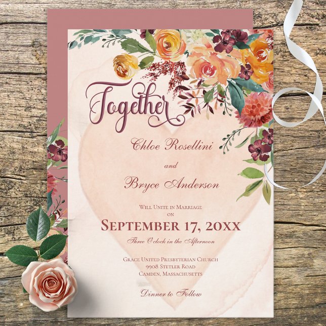 Blommigt Boho Heart Peach Wedding bjudande Inbjudningar (Skapare uppladdad)