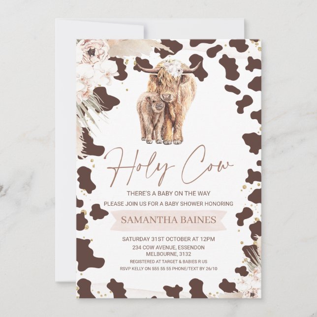 Blommigt Boho Heliga Kow Highland Cow Baby Shower Inbjudningar (Framsida)