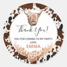 Blommigt Boho Highland Cow Birthday Favor Sticker Runt Klistermärke