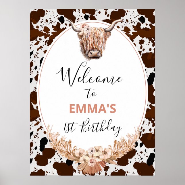 Blommigt Boho Highland Cow Birthday Välkommen Poster (Framsidan)