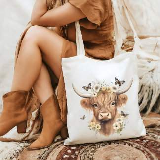 Blommigt Boho Highland Cow Butterfly Whimsical Tygkasse