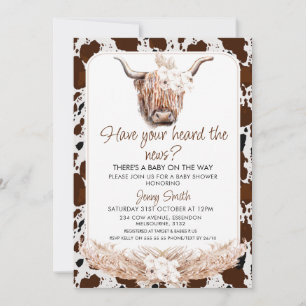 Blommigt Boho Highland Cow Cow Print Baby Shower Inbjudningar