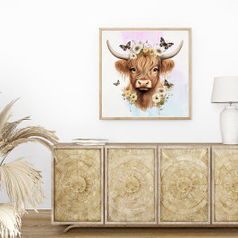 Blommigt Boho Highland Cow med Pastel Background Poster