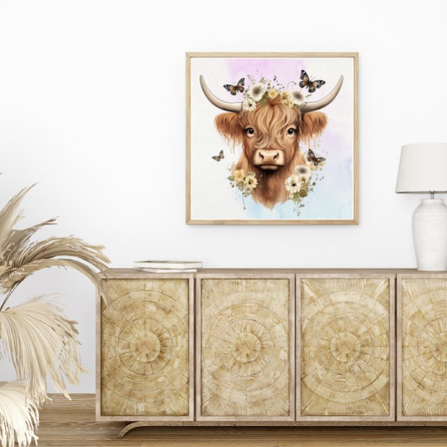 Blommigt Boho Highland Cow med Pastel Background Poster (Skapare uppladdad)