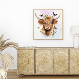 Blommigt Boho Highland Cow med Pastel Background Poster