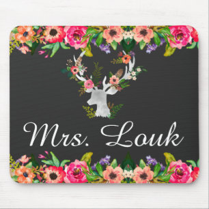 Blommigt Boho Hjort Monogram Namn mussla Musmatta