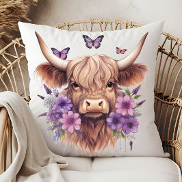 Blommigt Boho Lila Highland Cow Farmhouse Kudde