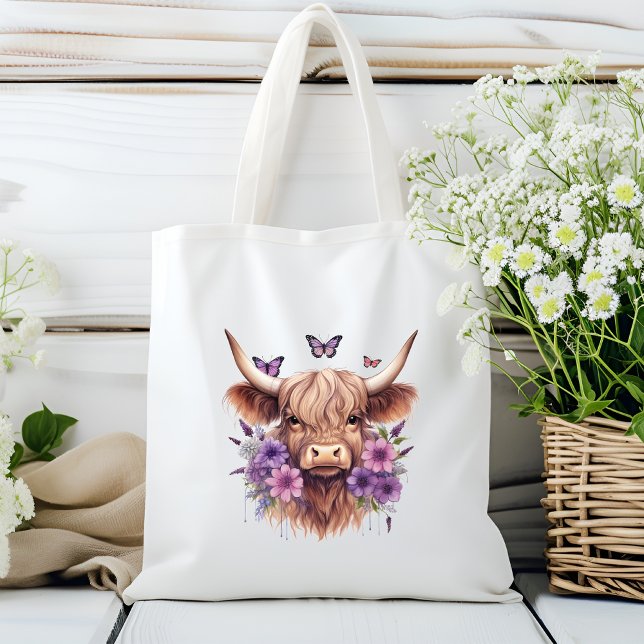 Blommigt Boho Lila Highland Cow Farmhouse Tygkasse (Skapare uppladdad)