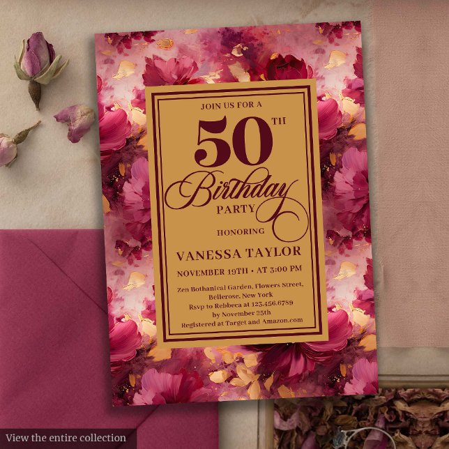 Blommigt boho maron  guld ro 50-årsdagen inbjudningar (Floral maroon blush gold roses 50th birthday invitation

)