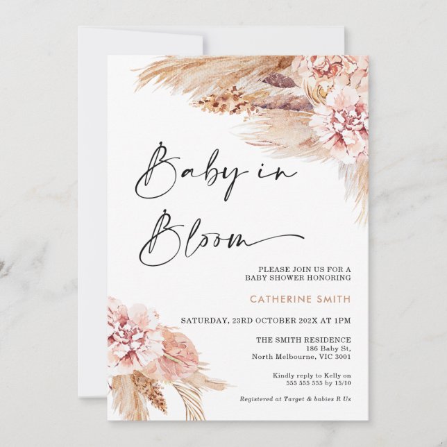  Blommigt Boho Pampas Grass Baby i Bloom Inbjudningar (Framsida)