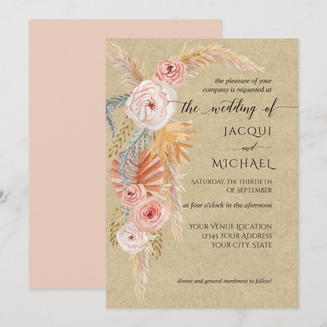 Blommigt BOHO Pampas Grass Foliage Kraft Vattenfär Inbjudningar (Fram/baksida)